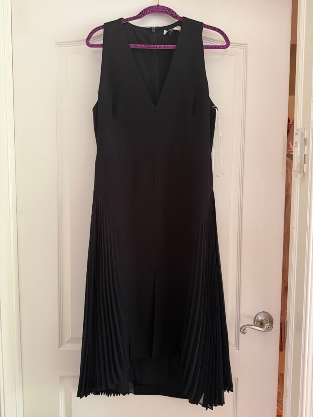 Halston Heritage Black V-Neck Midi Dress with Pleated Sides